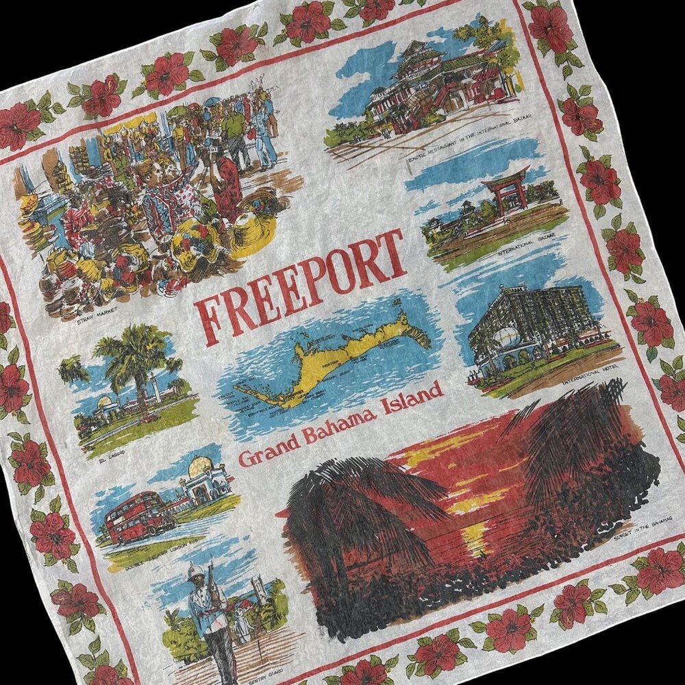 Vintage Freeport Grand Bahama Island Souvenir Scarf Shear Tropical Map Red